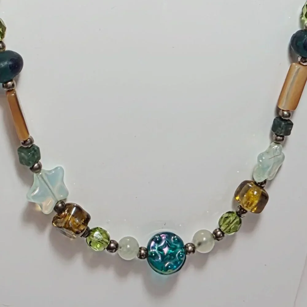 Beaded Necklace – Mixed Glass, Star Beads, Green & Gold Tones